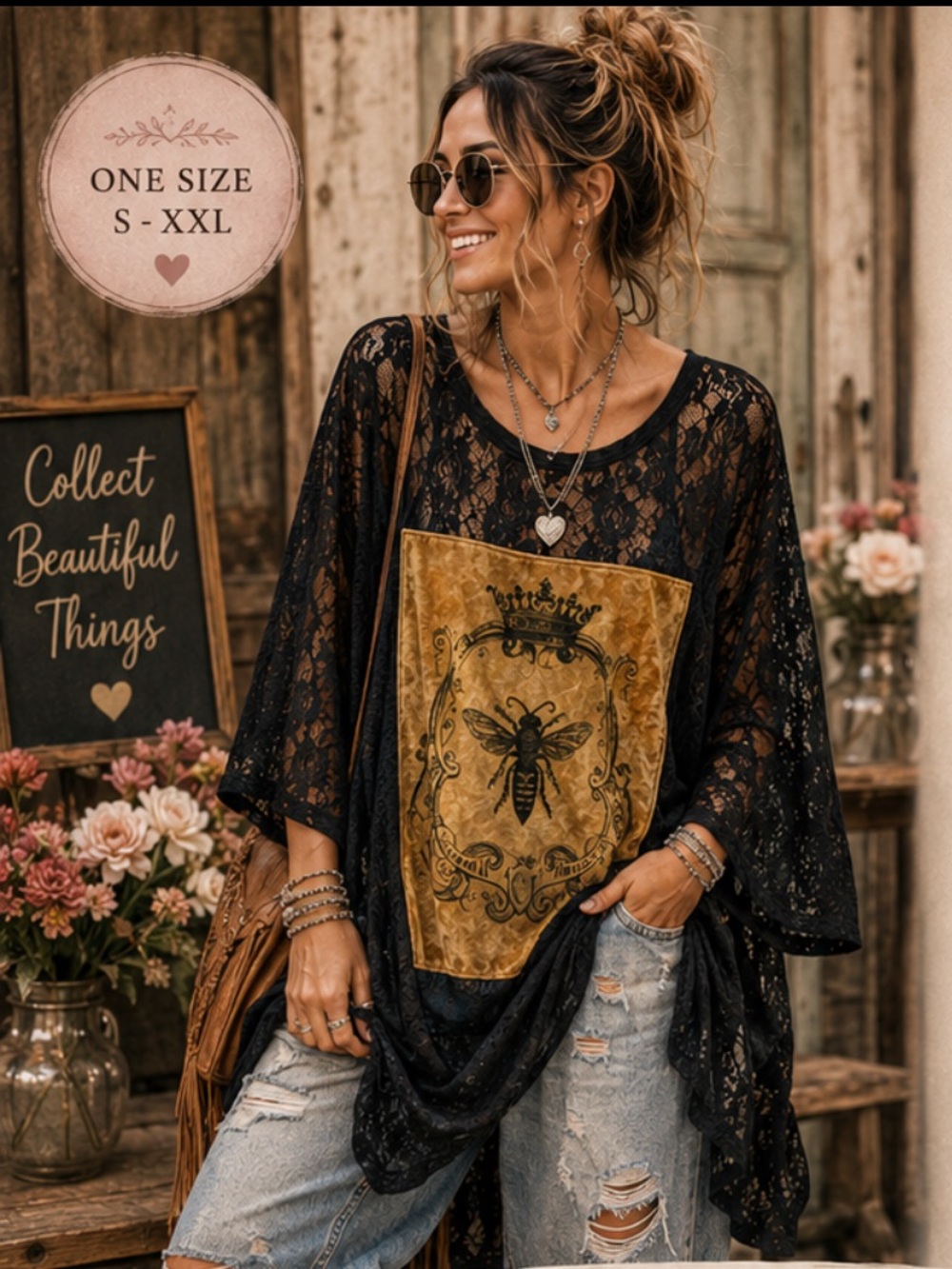 Queen Bee Lace Top with Golden Velvet Graphic